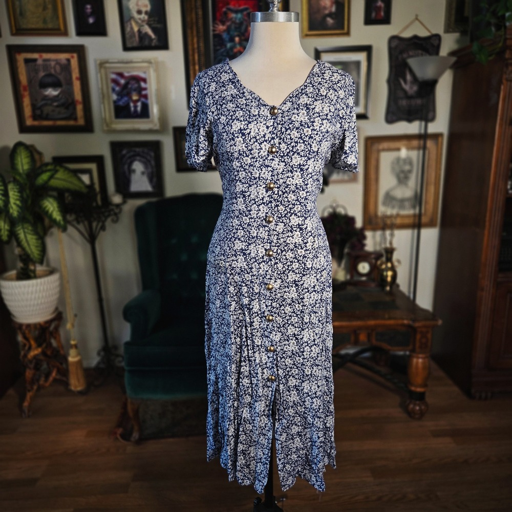 Caroline Wells Floral Dress Vintage 90s Rayon Button Front Corset Back Maxi S - Picture 2 of 7